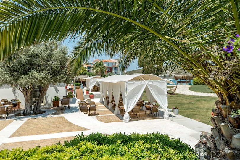 Garden cabanas and shaded seating at Antmare
